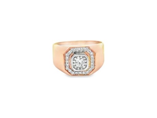 18K Rose Gold Men's Ring with Natural Round Center Diamond and Double Halo Design